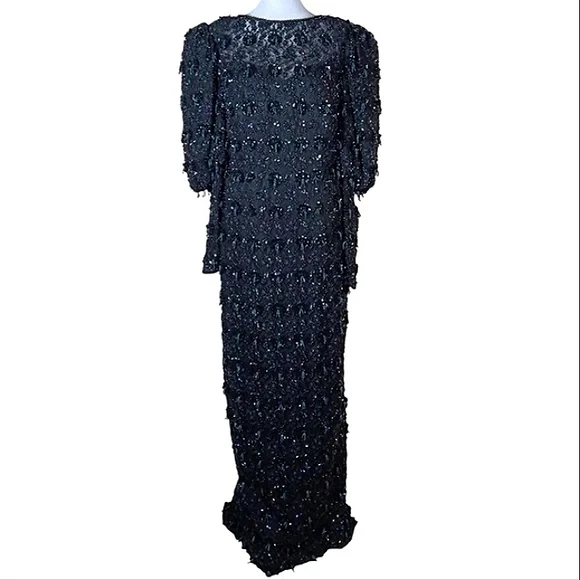 Black Tie By Oleg Cassini Beaded Puff Sleeve Formal Gown - Picture 2 of 12